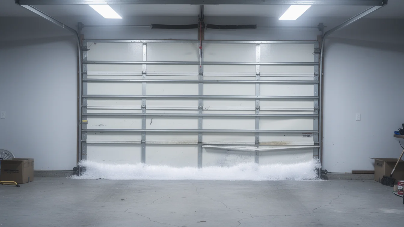 A white garage door is damaged at the bottom with water spraying out.
