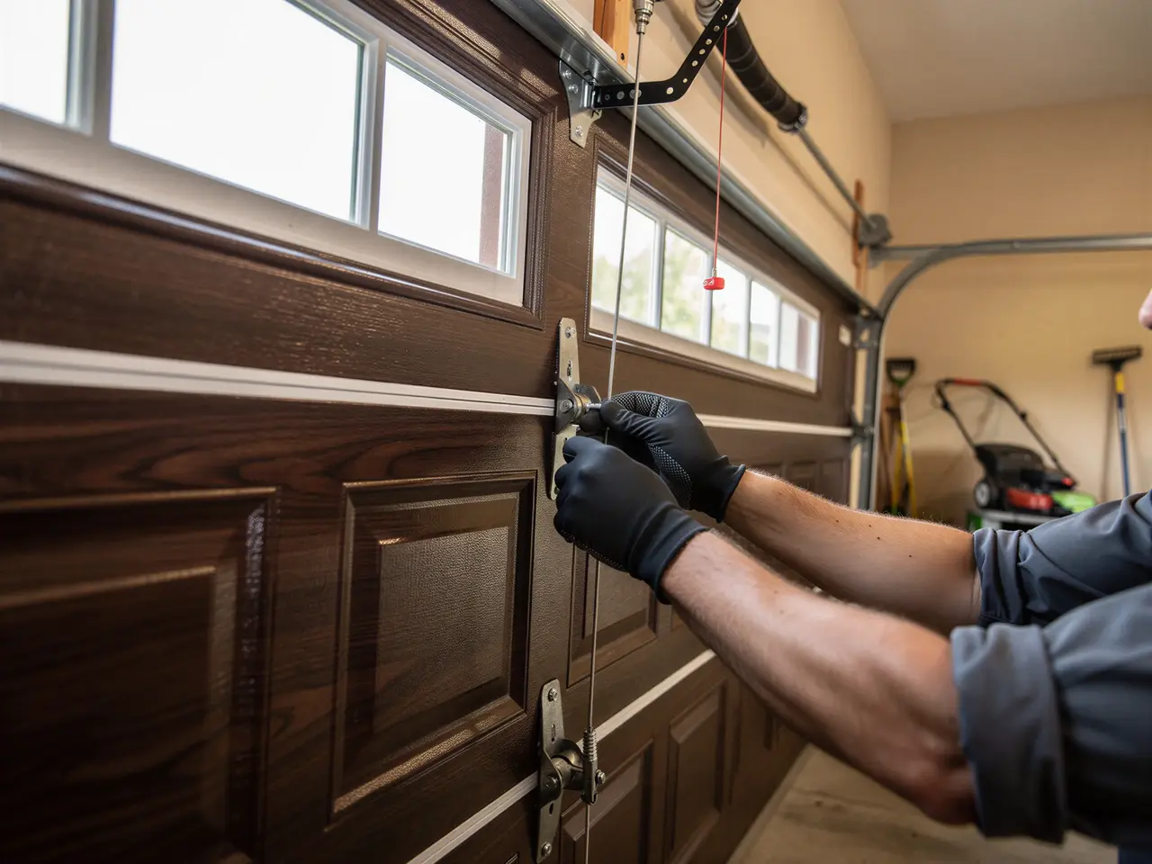 A technician wearing black gloves adjusts a brown garage door.