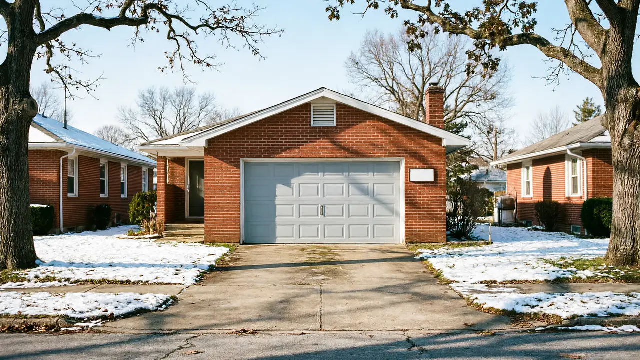 The house has a light gray garage door and a brick facade, with snow on the lawn.