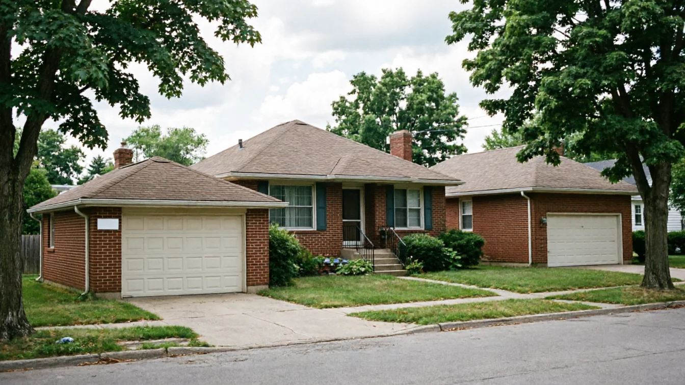 A brick house with two detached garages and green trees under a cloudy sky.