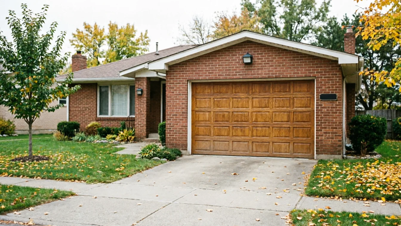 A brick house with a brown paneled garage door and a concrete driveway.