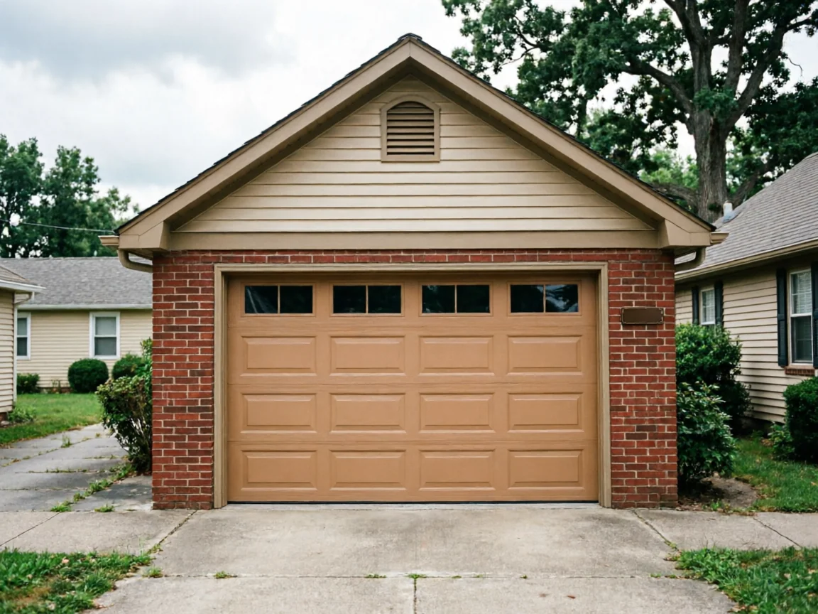 The house has a brown garage door with windows, brick, and tan siding.