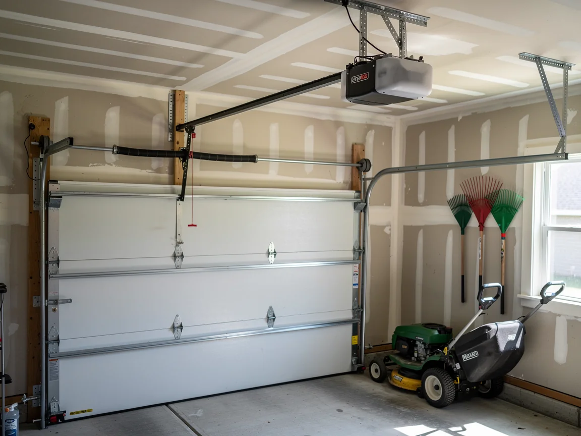 A white garage door is closed with an opener and torsion spring visible.